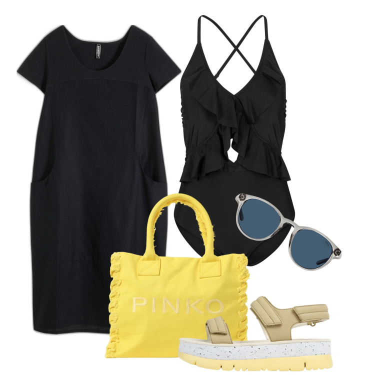 Outfit donna - Nero chic. Stile Chic per Mare. Abbinamento con costumi interi, vestiti, occhiali da sole, borse tote, sandali in pelle.