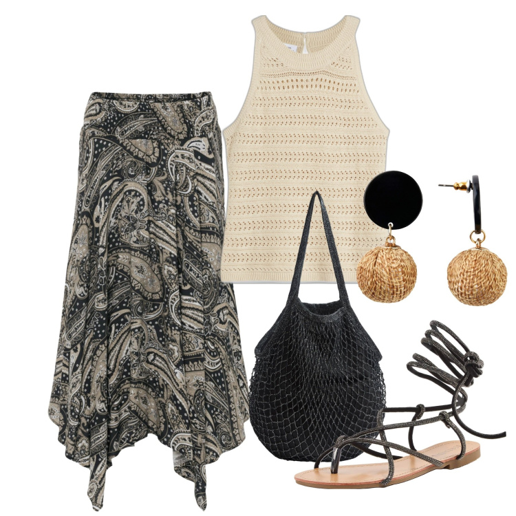 Outfit donna - Boho chic. Stile Boho per Serata fuori. Abbinamento con gonne longuette, orecchini, top, borse a tracolla, sandali alla schiava.