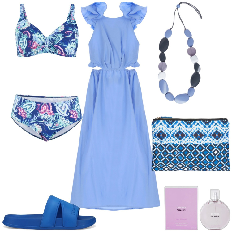 Outfit donna - Total look #1935549. Stile Casual per Mare. Abbinamento con bikini, profumi, sandali, vestiti lunghi, pochette, collane.
