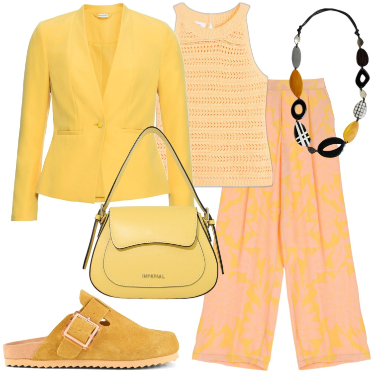 Outfit donna - Total look #1935586. Stile Casual per Tutti i giorni. Abbinamento con blazer, top, borse a spalla, pantaloni, sabot, collane.