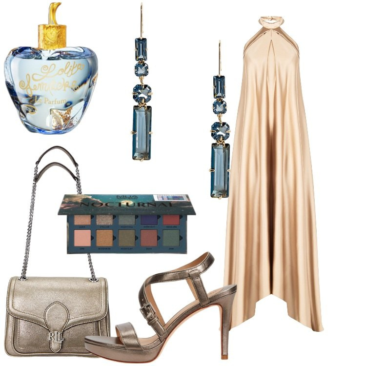 Outfit donna - Summer Nights Chic. Stile Chic per Serata fuori. Abbinamento con profumi, ombretti, vestiti lunghi, orecchini, sandali in pelle, borse a spalla.