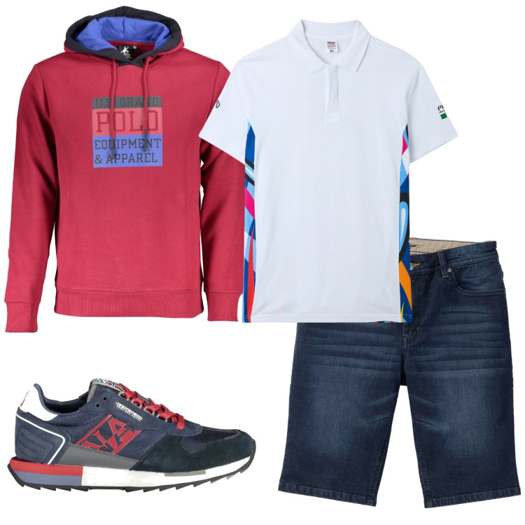 Outfit uomo - In montagna. Stile Casual per Tutti i giorni. Abbinamento con bermuda, polo, felpe con cappuccio, scarpe sportive.
