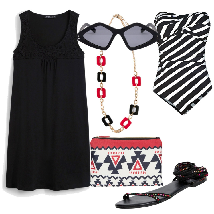 Outfit donna - Total look #1935638. Stile Casual per Mare. Abbinamento con vestiti corti, costumi interi, sandali alla schiava, pochette, ciondoli, occhiali da sole.