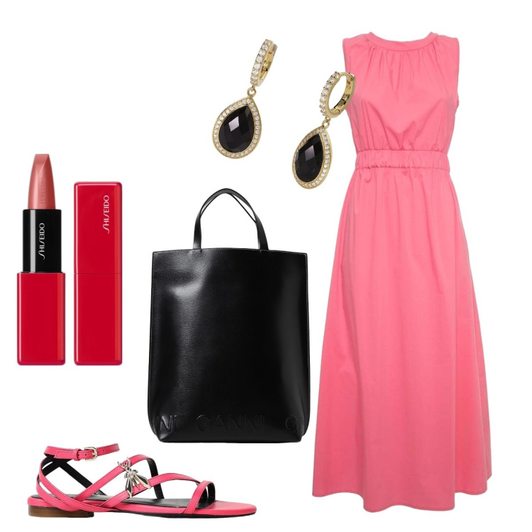 Outfit donna - Rosa classico per la serata. Stile Chic per Serata fuori. Abbinamento con rossetti, orecchini, vestiti lunghi, sandali in pelle, borse a mano.