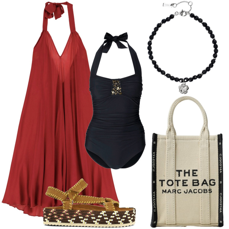 Outfit donna - Apericena in spiaggia. Stile Casual per Serata fuori. Abbinamento con costumi interi, braccialetti, vestiti lunghi, sandali, borse tote.