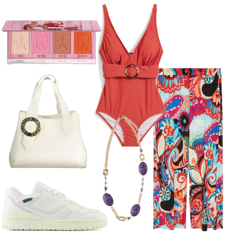 Outfit donna - Total look #1935702. Stile Casual per Mare. Abbinamento con costumi interi, blush, sneakers, pantaloni a palazzo, borse a spalla, ciondoli.