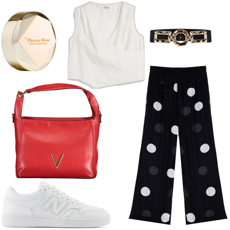 Outfit donna - Semplicemente pois. Stile Basic per Tutti i giorni. look ideale per Petite. Abbinamento con top, blush, sneakers, cinture, pantaloni, borse a spalla.