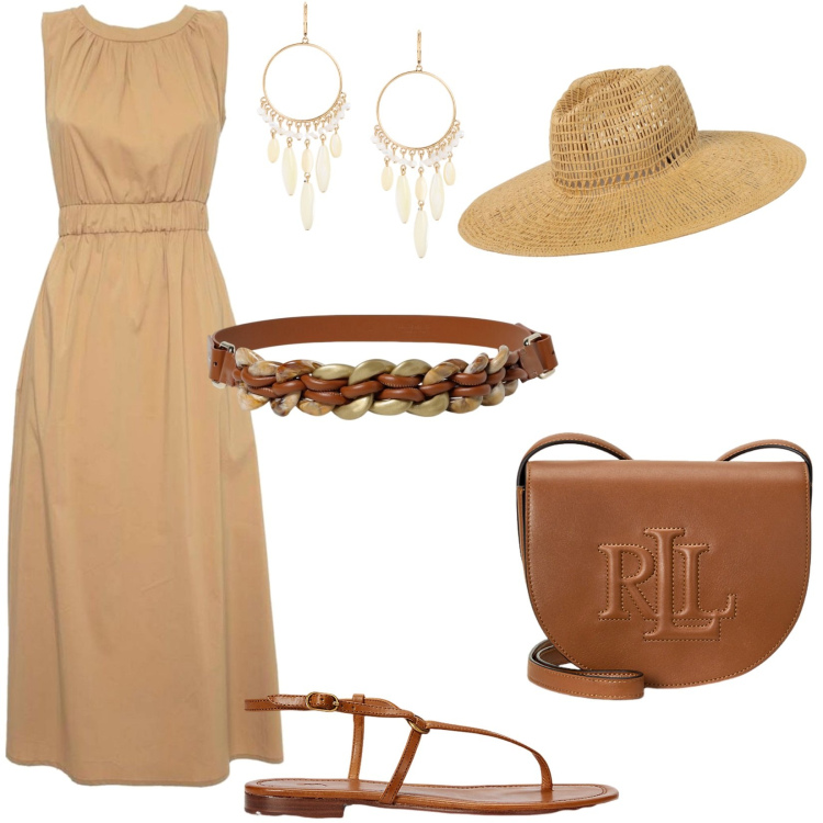 Outfit donna - Il cappello di paglia. Stile Casual per Tutti i giorni. Abbinamento con borse a tracolla, sandali in pelle, orecchini, vestiti lunghi, cinture, cappelli.