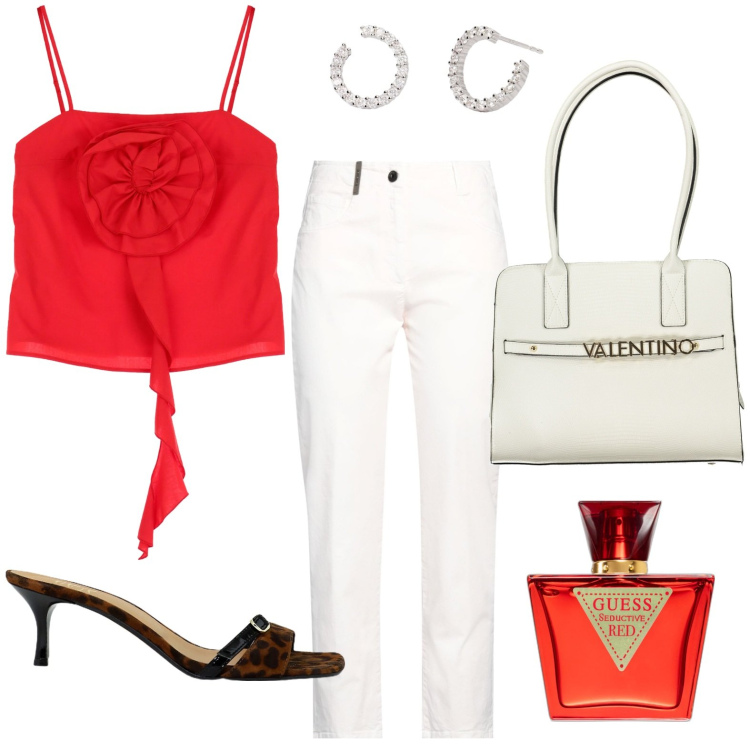 Outfit donna - Top rosso con rouches. Stile Basic per Tutti i giorni. look ideale per Petite. Abbinamento con pantaloni, profumi, orecchini, top, sandali col tacco, borse a spalla.