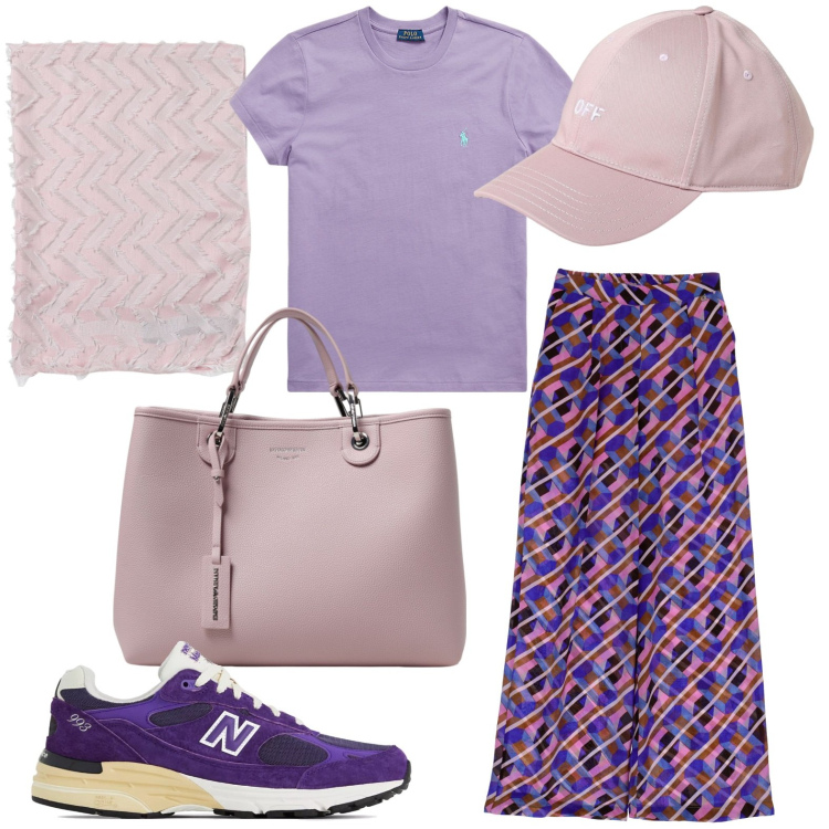 Outfit donna - Viola day. Stile Basic per Tutti i giorni. look ideale per Petite. Abbinamento con sneakers, pantaloni a palazzo, t-shirt, borse tote, cappelli, sciarpe.
