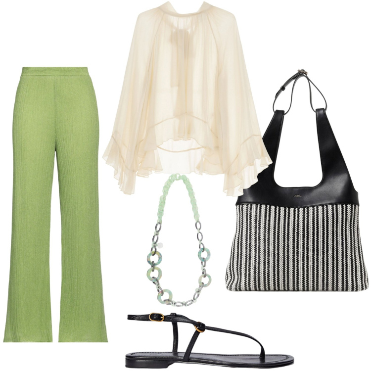Outfit donna - La camicia vaporosa. Stile Casual per Tutti i giorni. look ideale per Petite. Abbinamento con pantaloni, camicie, sandali in pelle, borse a spalla, collane.
