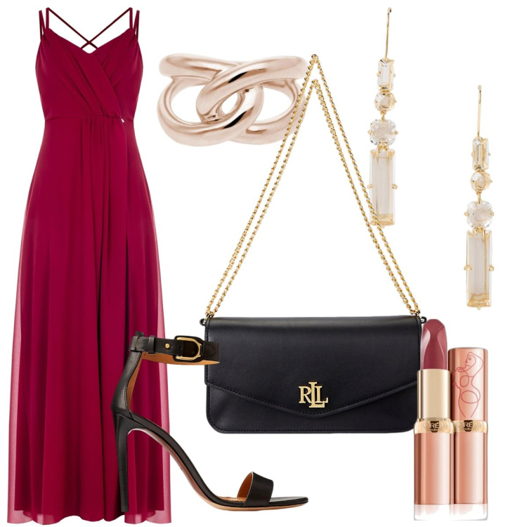Outfit donna - Serata romantica d\'agosto. Stile Chic per Serata fuori. Abbinamento con rossetti, anelli, vestiti lunghi, borse a spalla, sandali in pelle, orecchini.