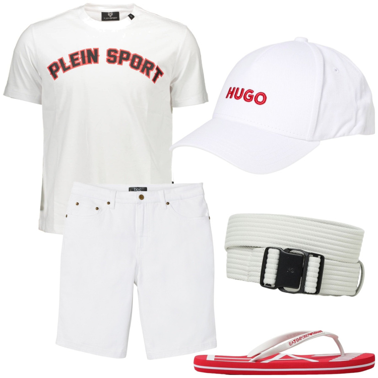Outfit uomo - Bianco e rosso. Stile Casual per Tutti i giorni. Abbinamento con bermuda, sandali, t-shirt, cinture, cappelli.