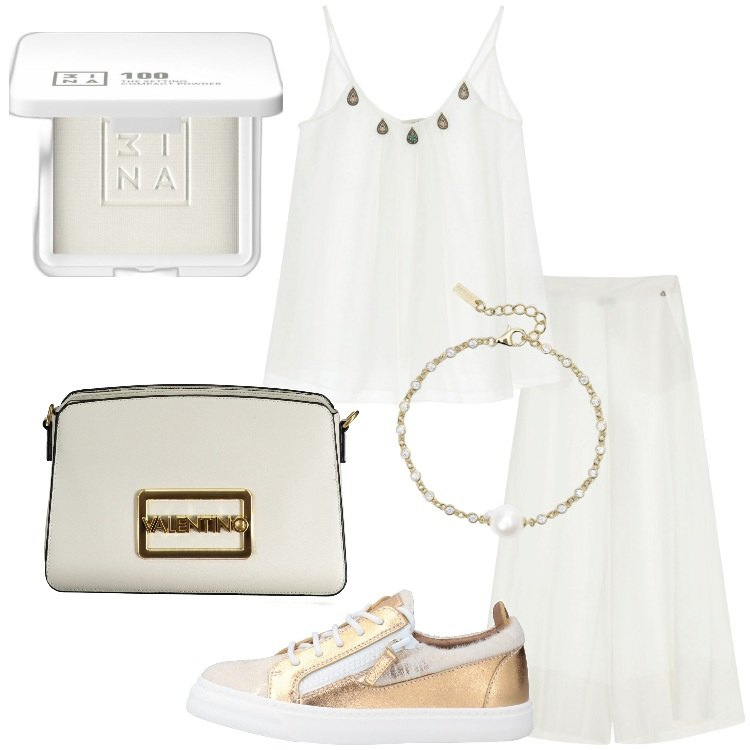 Outfit donna - Bianco e oro. Stile Trendy per Serata fuori. Abbinamento con sneakers, ciprie, braccialetti, canottiere, pantaloni a palazzo, borse a spalla.