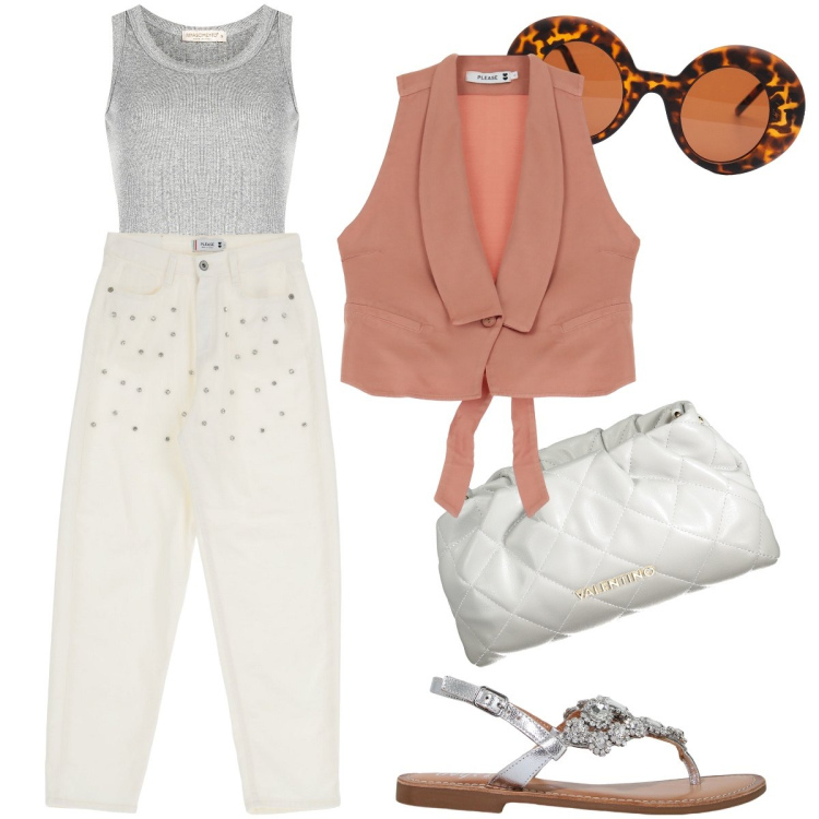 Outfit donna - Il gilet effetto seta. Stile Trendy per Tutti i giorni. Abbinamento con gilet, pantaloni, canottiere, sandali, occhiali da sole, borse a spalla.