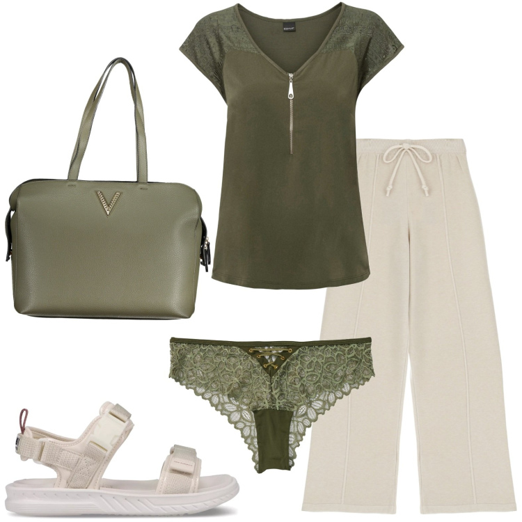 Outfit donna - L\'intimo verde. Stile Basic per Tutti i giorni. look ideale per Petite. Abbinamento con t-shirt, culotte, sandali, pantaloni, borse a spalla.