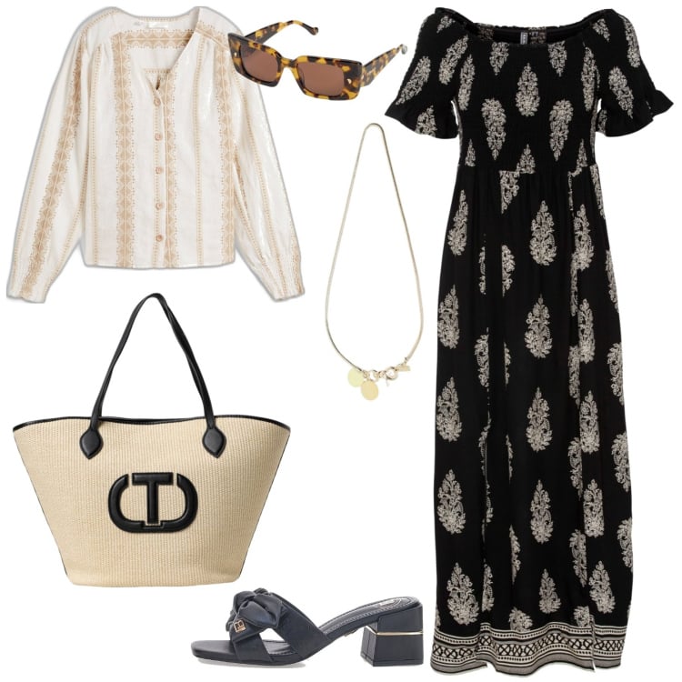 Outfit donna - Party in spiaggia. Stile Boho per Serata fuori. Abbinamento con vestiti, camicie, ciabatte, occhiali da sole, borse tote, collane.