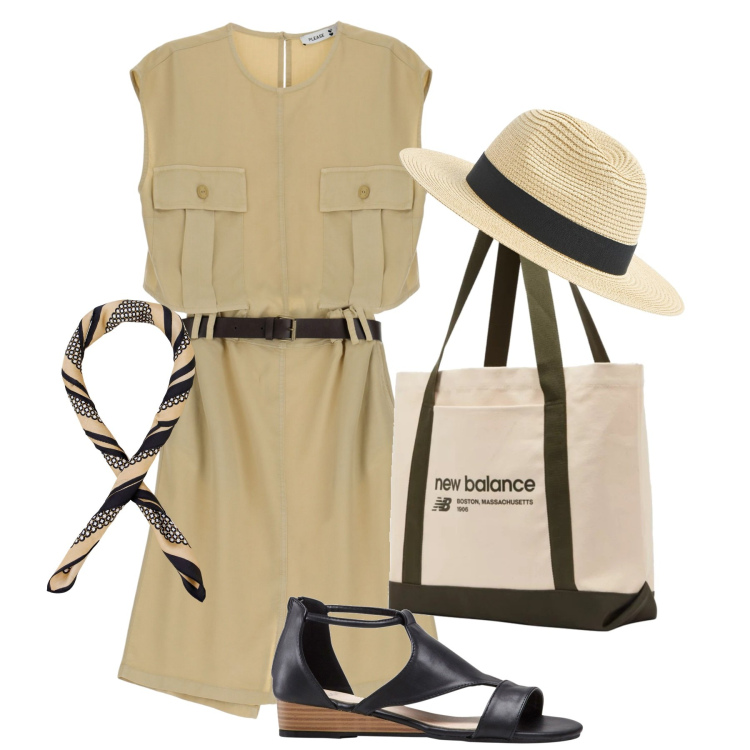 Outfit donna - Safari in die stad. Stile Basic per Tutti i giorni. Abbinamento con sandali, cappelli, borse tote, vestiti midi/longuette, foulard.