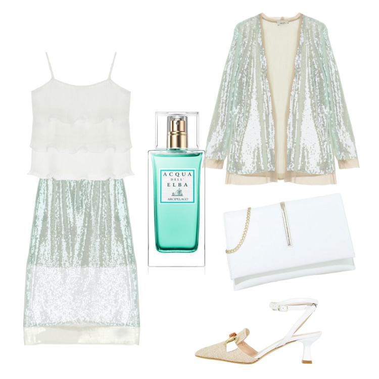 Outfit donna - Cerimonia in verde acqua. Stile Bon Ton per Cerimonia. Abbinamento con profumi, sandali col tacco, pochette, blazer, gonne longuette, top.