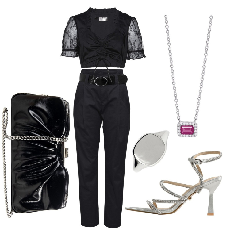 Outfit donna - Elegantemente low cost. Stile Sexy per Serata fuori. Abbinamento con pantaloni, camicie, pochette, collane, anelli, sandali col tacco.