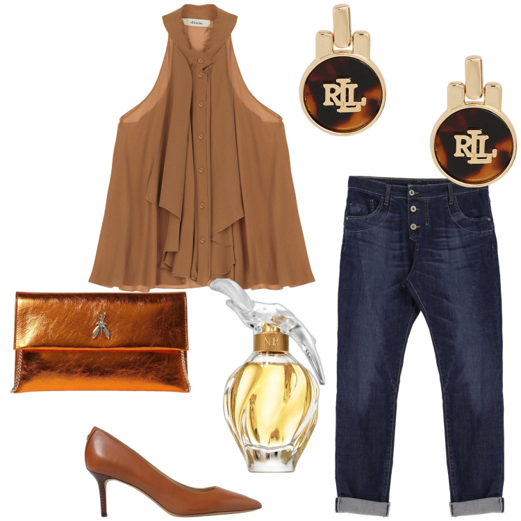 Outfit donna - Che chic pure in jeans. Stile Glamour per Serata fuori. Abbinamento con profumi, jeans, top, orecchini, décolleté, clutch.