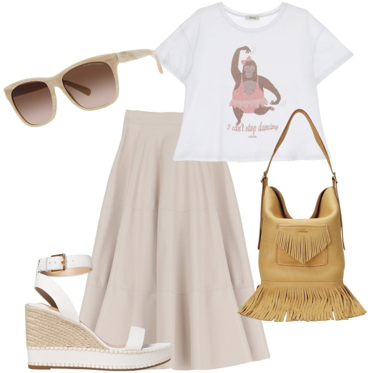 Outfit donna - Come una ballerina. Stile Trendy per Tutti i giorni. Abbinamento con t-shirt, gonne longuette, occhiali da sole, borse a secchiello, sandali in pelle.