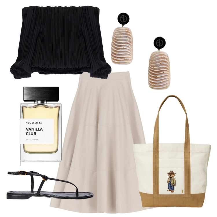 Outfit donna - Vanilla. Stile Chic per Tutti i giorni. Abbinamento con profumi, top, gonne longuette, sandali in pelle, borse tote, orecchini.