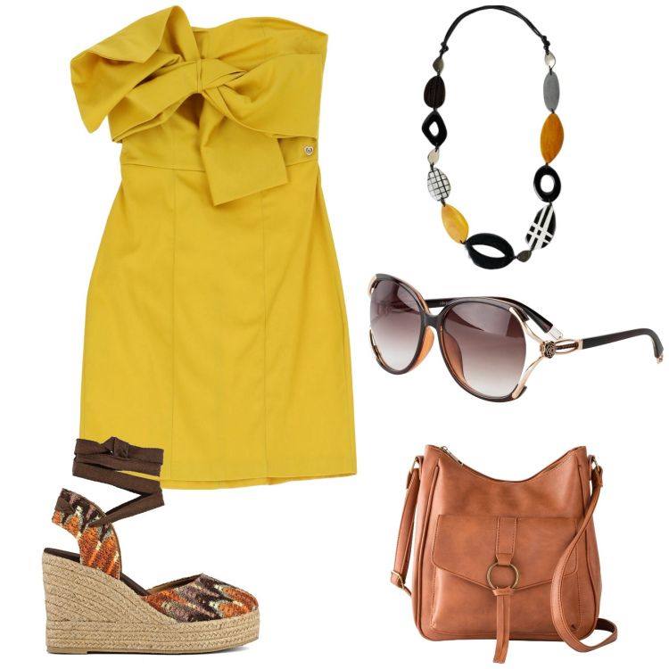 Outfit donna - Un aperitivo in centro. Stile Glamour per Serata fuori. Abbinamento con borse a tracolla, occhiali da sole, vestiti corti, sandali col tacco, collane.