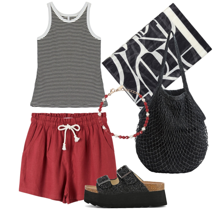 Outfit donna - Per le viuzze della chora. Stile Basic per Tutti i giorni. Abbinamento con shorts, borse a tracolla, braccialetti, top, zeppe, foulard.