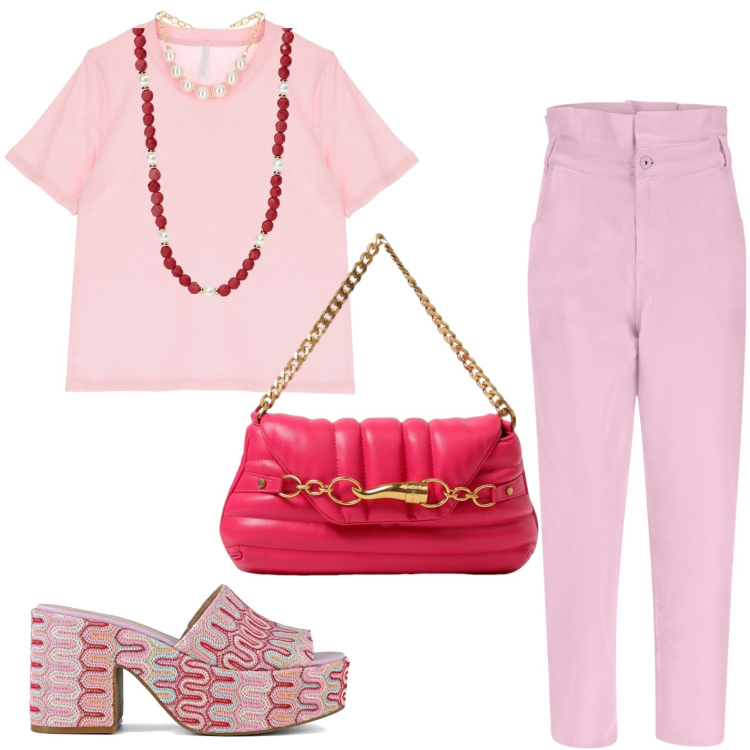 Outfit donna - Pink day. Stile Basic per Tutti i giorni. look ideale per Petite. Abbinamento con collane, t-shirt, jeans, sabot, borse a spalla.