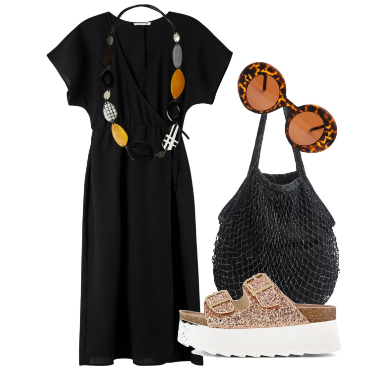 Outfit donna - Vrády stin Athína. Stile Chic per Serata fuori. Abbinamento con vestiti lunghi, borse a tracolla, occhiali da sole, collane, zeppe.