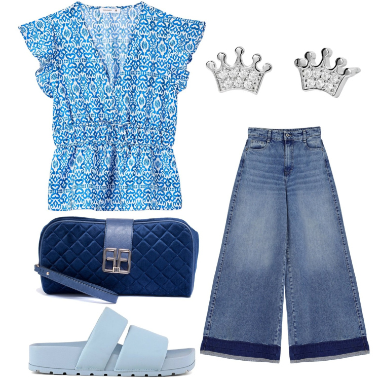 Outfit donna - La blusa con stampa. Stile Basic per Tutti i giorni. look ideale per Petite. Abbinamento con orecchini, jeans, bluse, pochette, ciabatte.
