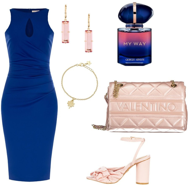 Outfit donna - Total look #1935877. Stile Glamour per Serata fuori. Abbinamento con profumi, braccialetti con ciondoli, vestiti midi/longuette, sandali col tacco, orecchini, borse a spalla.