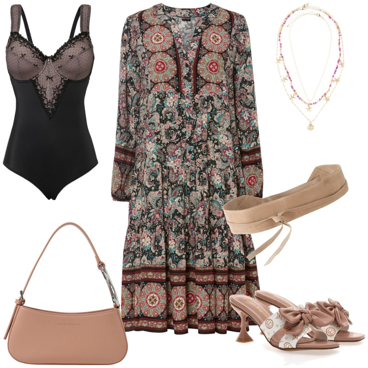 Outfit donna - A cena con gli amici. Stile Boho per Serata fuori. Abbinamento con body, cinture, vestiti, ciondoli, ciabatte, borse a spalla.