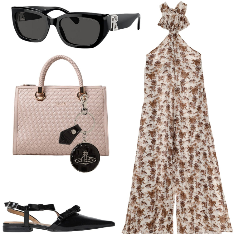 Outfit donna - La tuta fresca. Stile Bon Ton per Tutti i giorni. look ideale per Petite. Abbinamento con occhiali da sole, tute, ballerine, borse a mano, portachiavi.