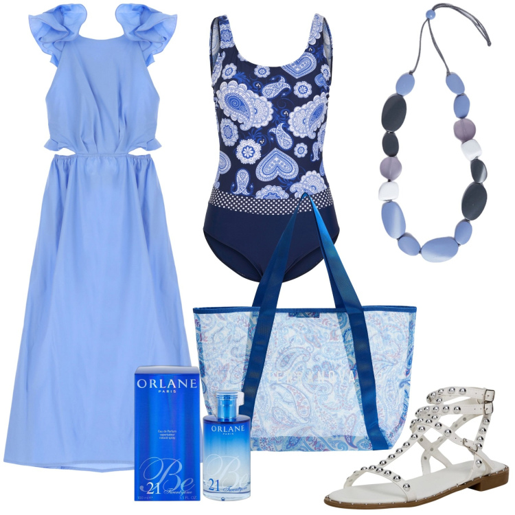 Outfit donna - In vacanza. Stile Boho per Mare. Abbinamento con costumi interi, profumi, sandali, shopping bag, vestiti lunghi, collane.