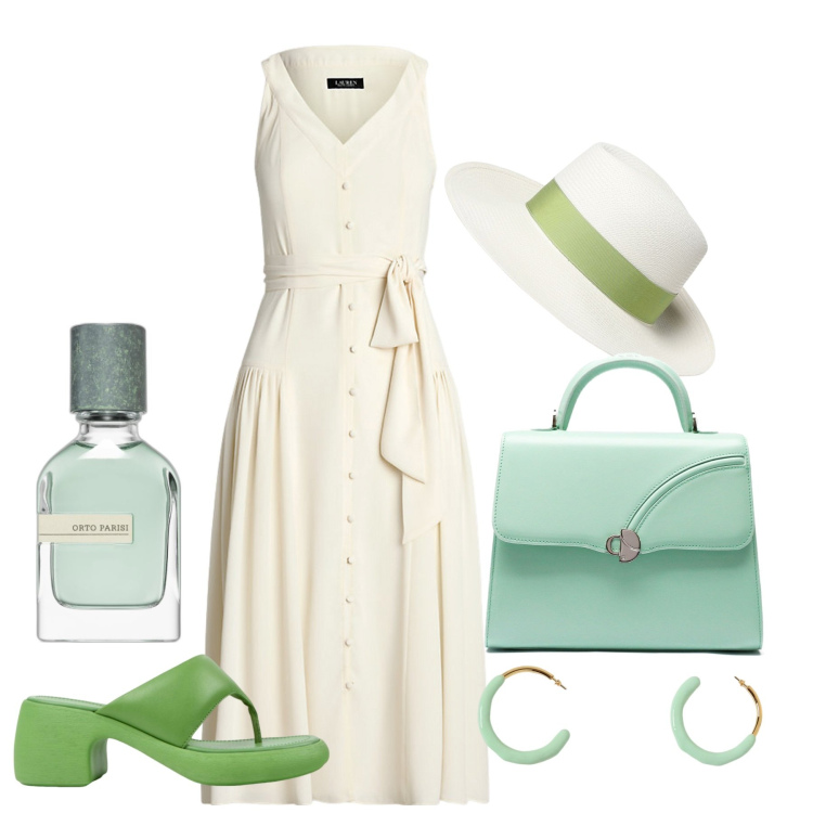 Outfit donna - À Paris pour le milieu de l\'été. Stile Chic per Tutti i giorni. Abbinamento con profumi, vestiti senza maniche, borse a mano, sandali col tacco, cappelli, orecchini.