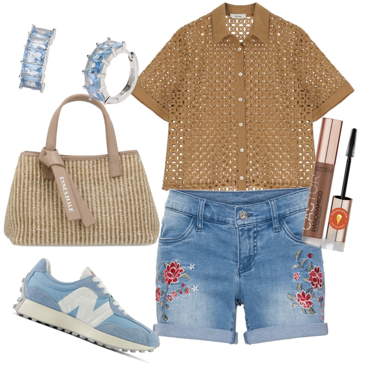Outfit donna - Top traforato short fiorito. Stile Casual chic per Tutti i giorni. Abbinamento con shorts, mascara, orecchini, sneakers, camicie a manica corta, borse a mano.