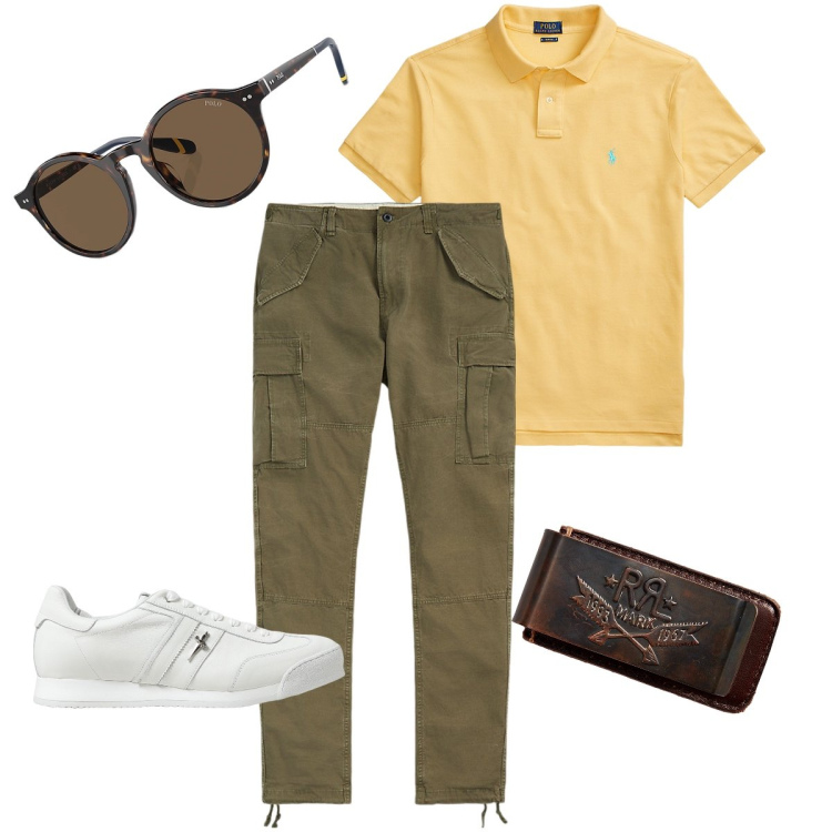 Outfit uomo - La polo gialla. Stile Urban per Ufficio. Abbinamento con portafogli, polo, occhiali da sole, pantaloni cargo, sneakers.