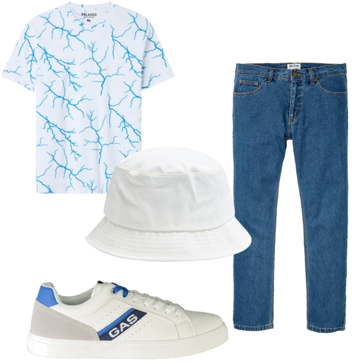 Outfit uomo - Jeans e t-shirt. Stile Casual per Tutti i giorni. Abbinamento con jeans dritti, t-shirt, cappelli, sneakers.