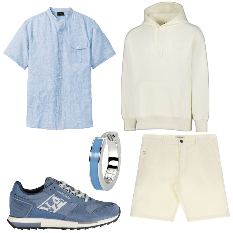 Outfit uomo - Bermuda e sneakers. Stile Casual per Tutti i giorni. Abbinamento con camicie a manica corta, orecchini, felpe con cappuccio, bermuda, sneakers.