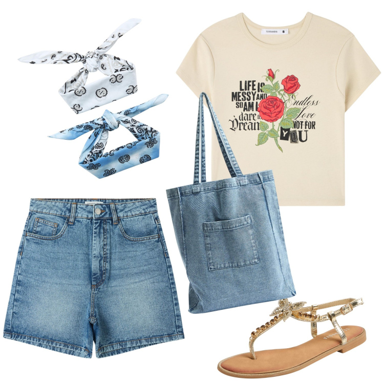 Outfit donna - Terranova. Stile Trendy per Tutti i giorni. Abbinamento con bermuda, t-shirt, shopping bag, sandali gioiello, fasce per capelli.