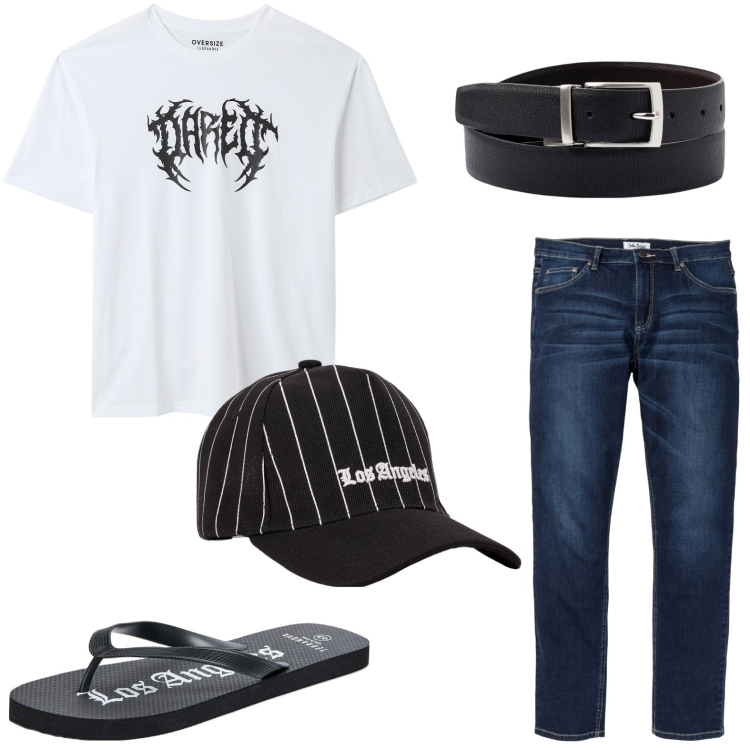 Outfit uomo - La t-shirt tatuaggio. Stile Casual per Tutti i giorni. Abbinamento con jeans, cappelli, t-shirt, sandali, cinture.
