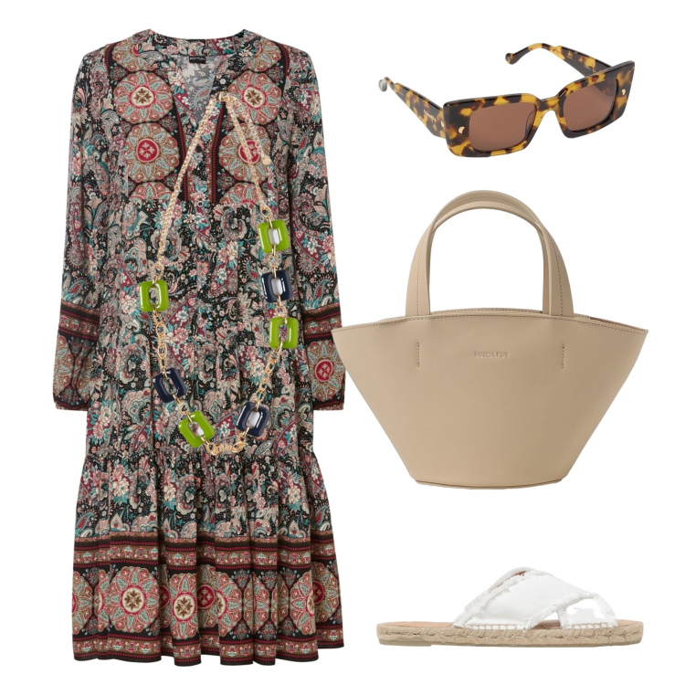 Outfit donna - Stile boho curvy. Stile Boho per Serata fuori. Abbinamento con vestiti, ciondoli, sandali, borse a spalla, occhiali da sole.