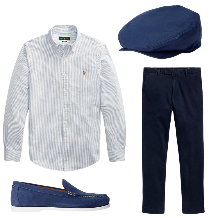 Outfit uomo - Gli accessori blu. Stile Casual per Tutti i giorni. Abbinamento con cappelli, scarpe stringate, camicie, pantaloni.
