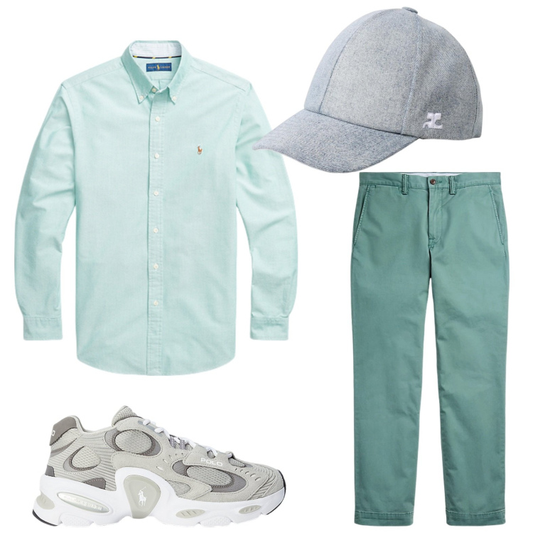 Outfit uomo - Nuance di verde. Stile Casual per Tutti i giorni. Abbinamento con pantaloni, camicie, sneakers, cappelli.