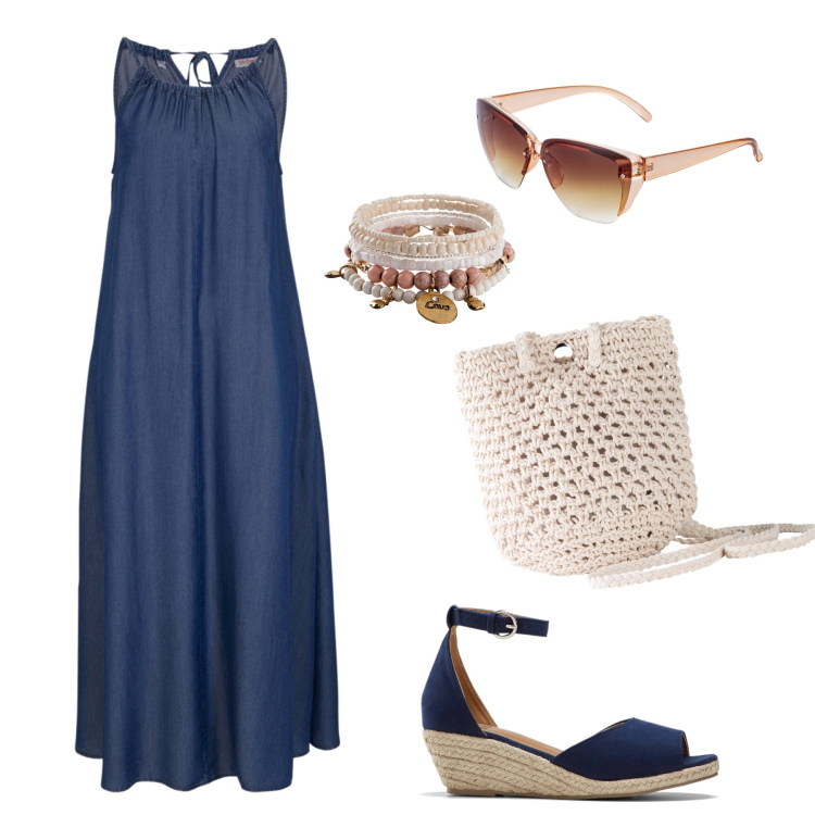 Outfit donna - Stile Bonprix. Stile Etnico per Tutti i giorni. Abbinamento con vestiti, braccialetti, occhiali da sole, borse a tracolla, sandali.