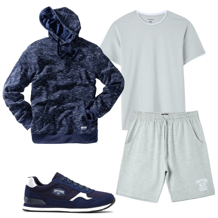 Outfit uomo - Una corsa al parco. Stile Casual per Tutti i giorni. Abbinamento con sneakers, felpe con cappuccio, t-shirt, pantaloni corti.
