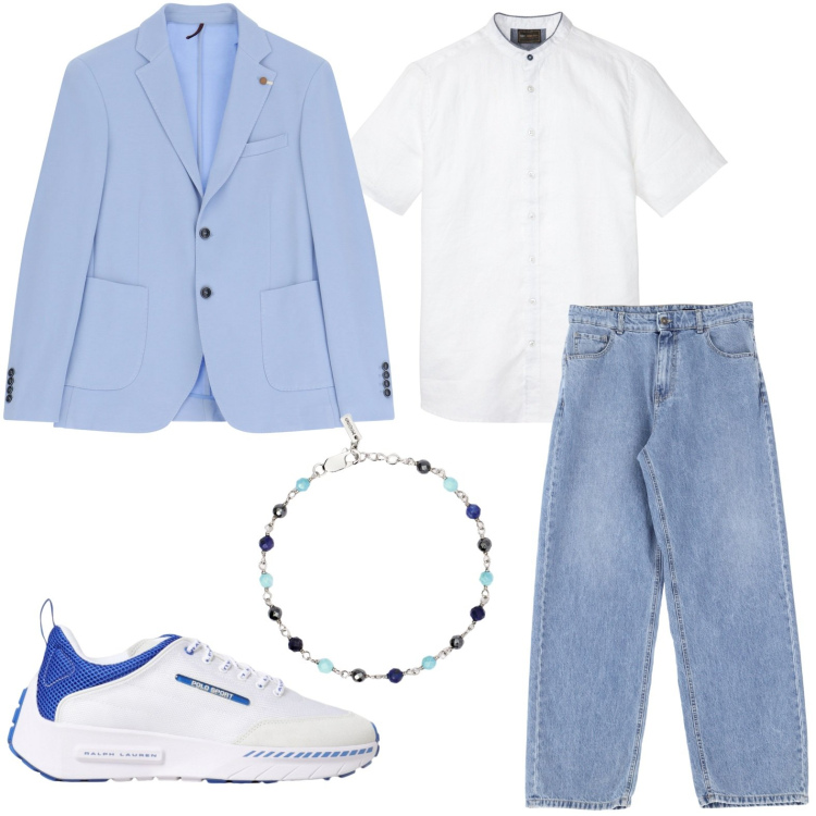 Outfit uomo - Serata romantica. Stile Casual per Tutti i giorni. Abbinamento con camicie a manica corta, braccialetti, giacche, jeans, sneakers.