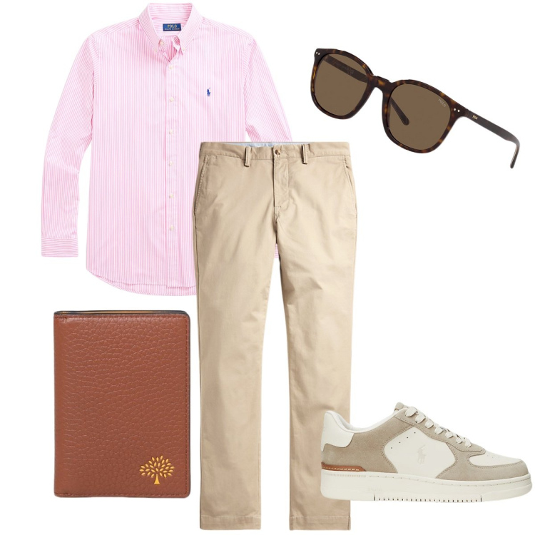 Outfit uomo - Righe rosa. Stile Urban per Ufficio. Abbinamento con pantaloni, camicie, sneakers, occhiali da sole, portafogli.